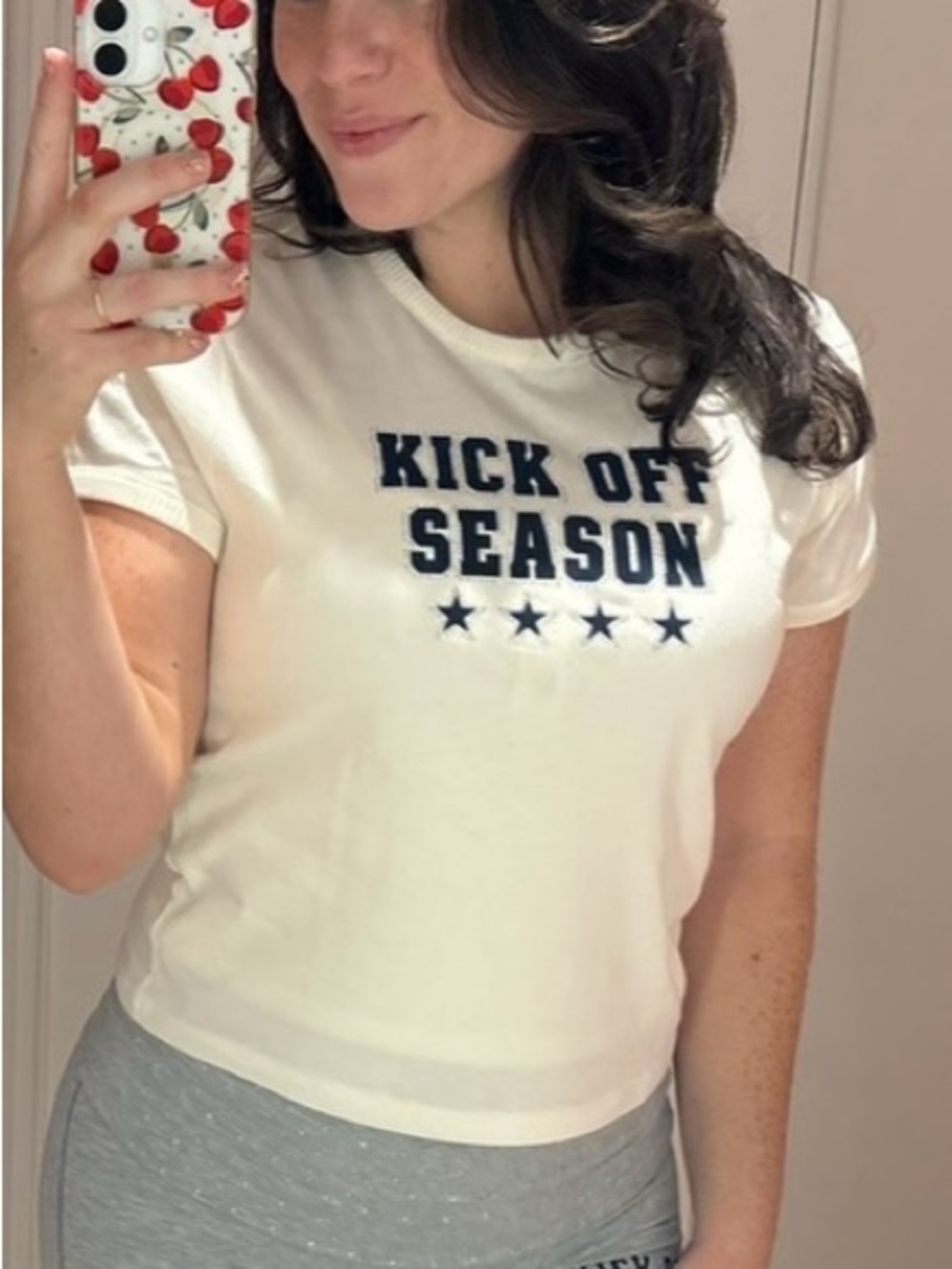 PINK Victoria's Secret White 'Kick Off Season' Graphic Tee with Navy Letters